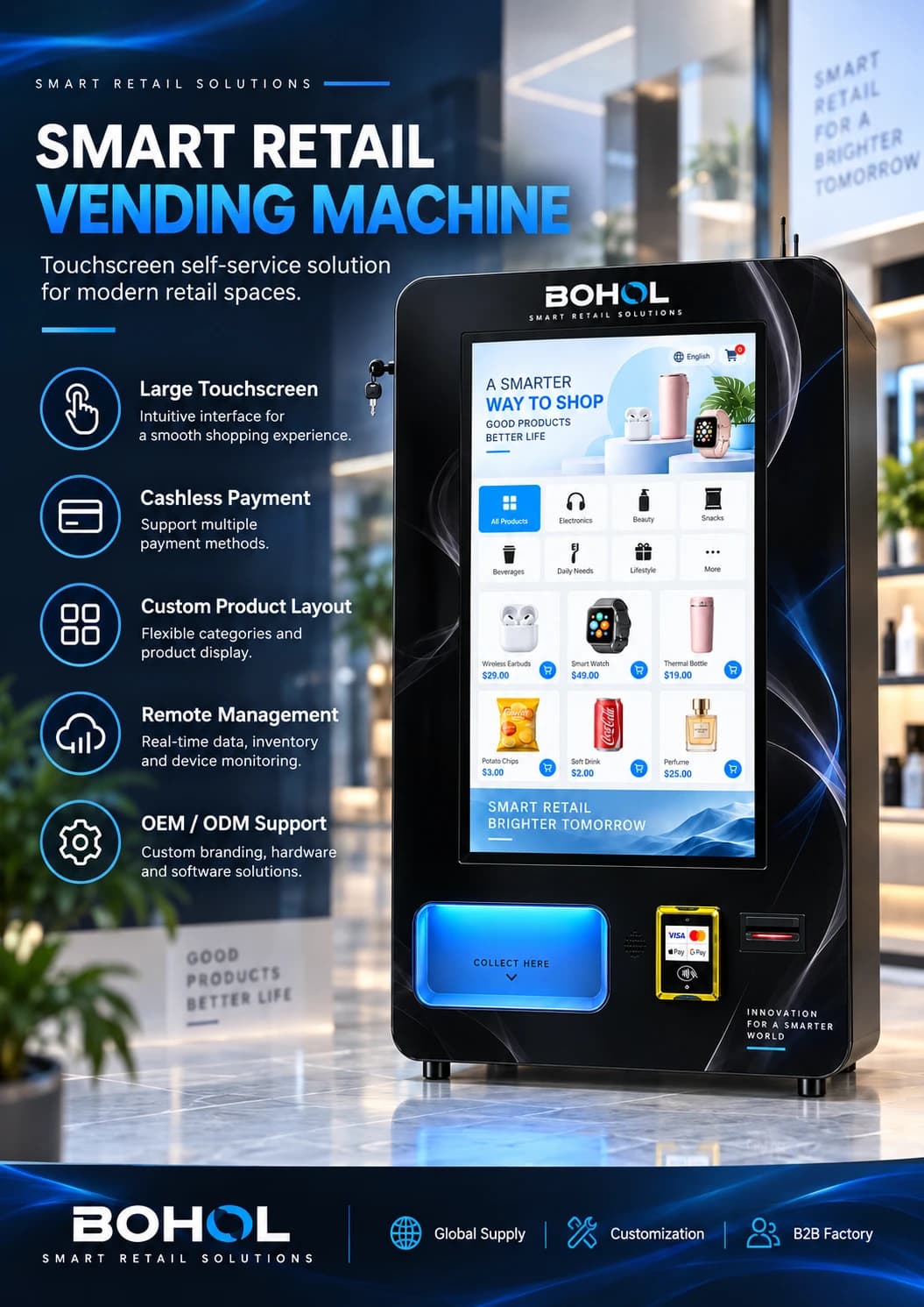 BOHOL wall-mounted smart vending machine for compact touchscreen retail