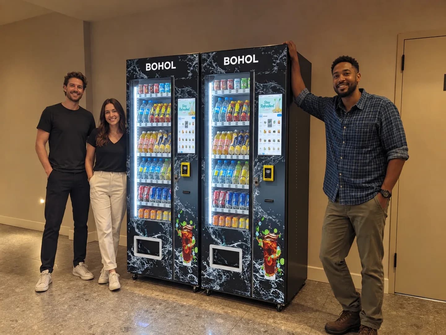 AI-generated BOHOL vending application concept: A refreshment stop in the lobby.