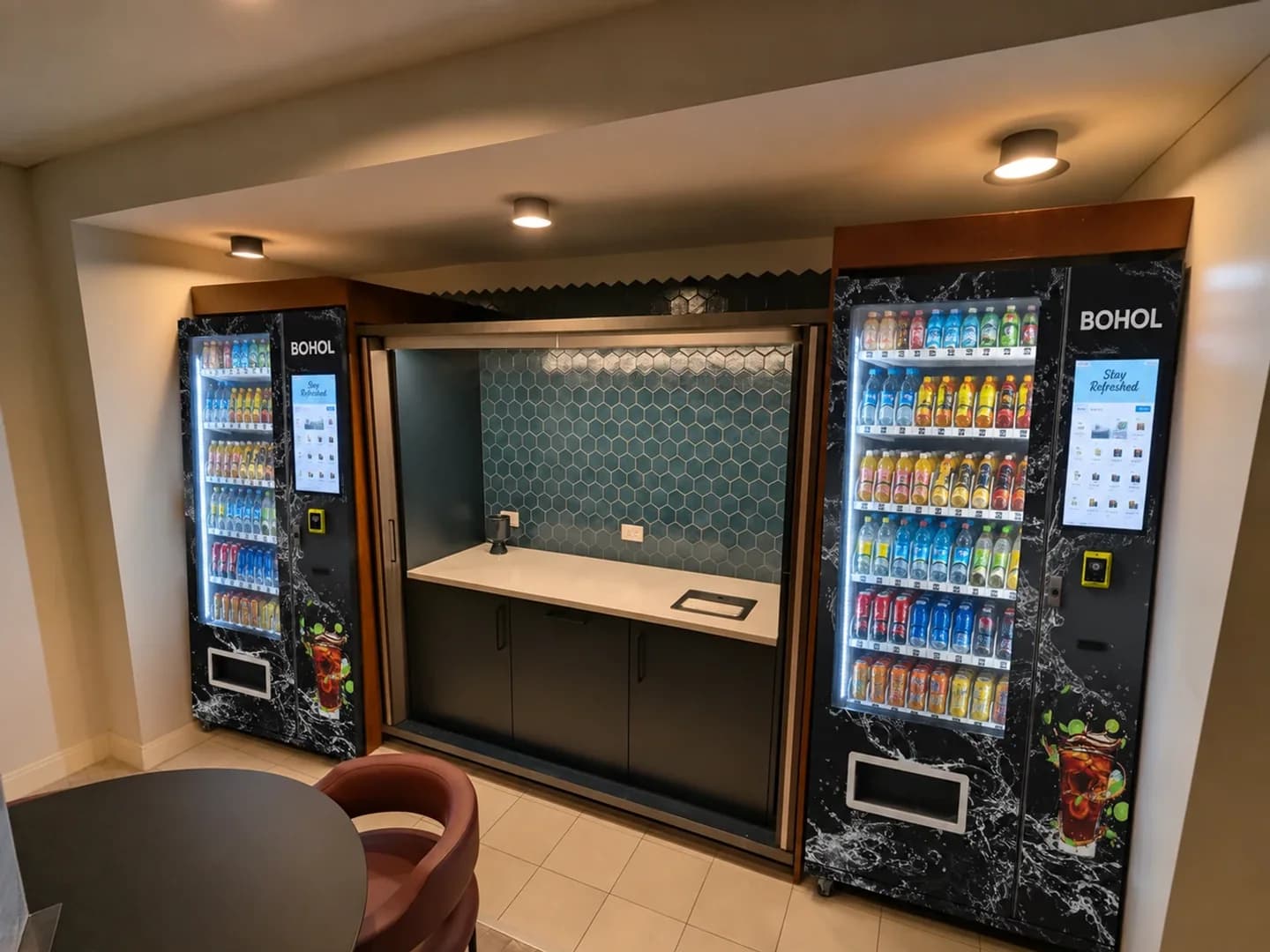 AI-generated BOHOL vending application concept: Refreshments beside the lounge.