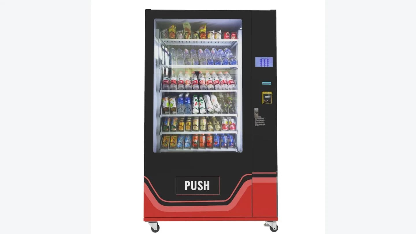 Reference image showing a refrigerated beverage vending cabinet with a glass-front product display and payment panel.