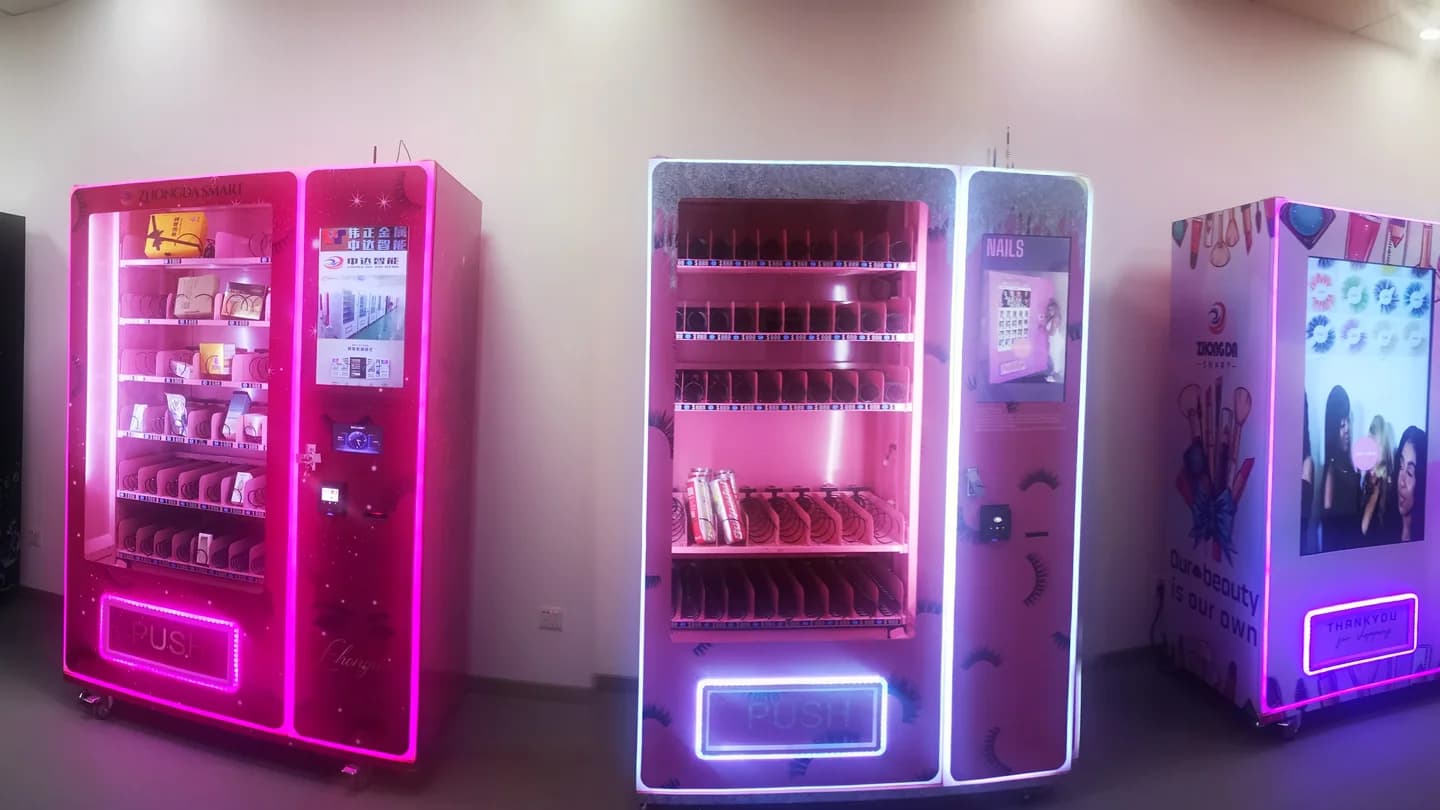 Showroom display of beauty-vending cabinets with existing Zhongda Smart and customer-facing designs.