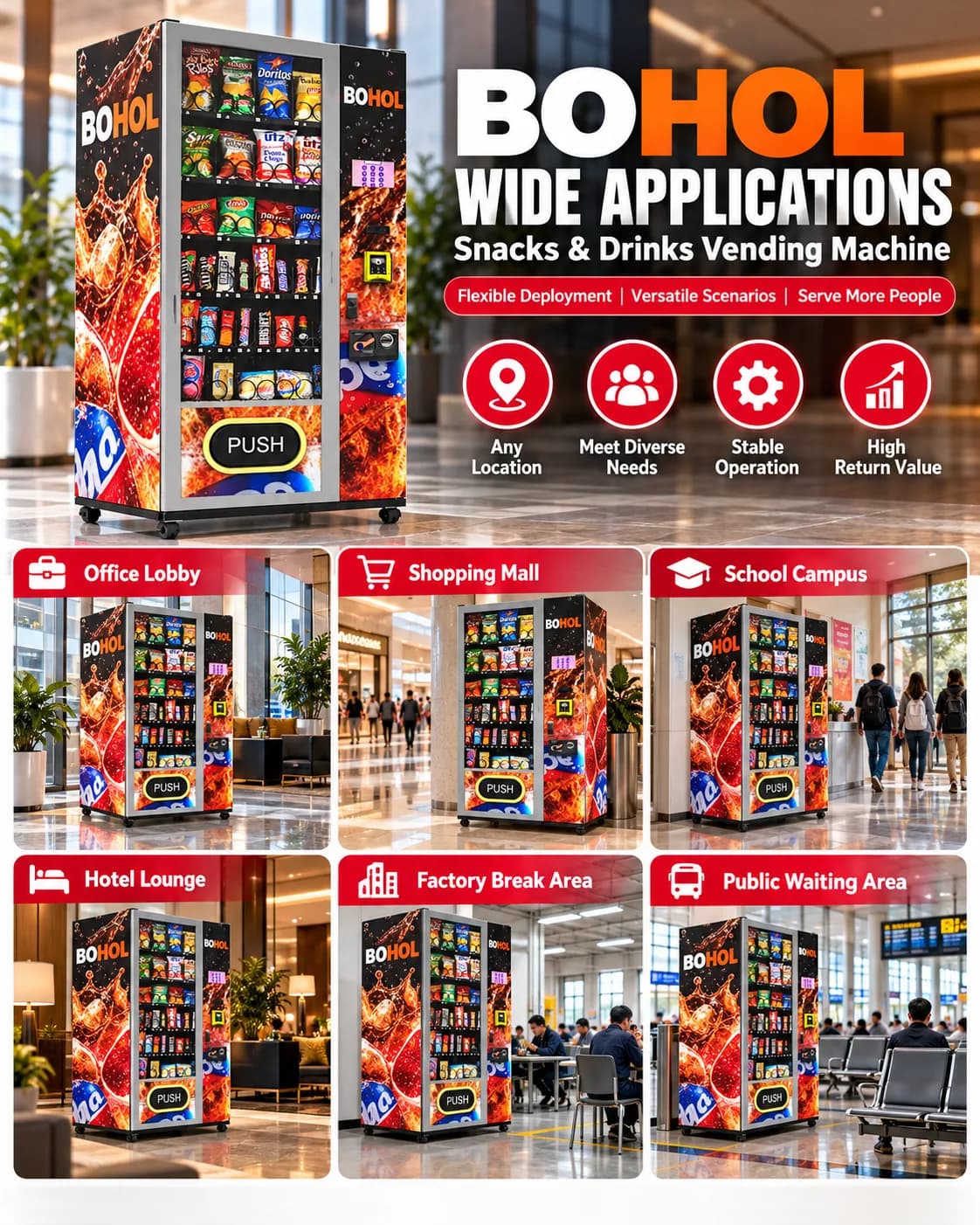 Compact BOHOL snack and drink vending machine shown in several indoor placement concepts.