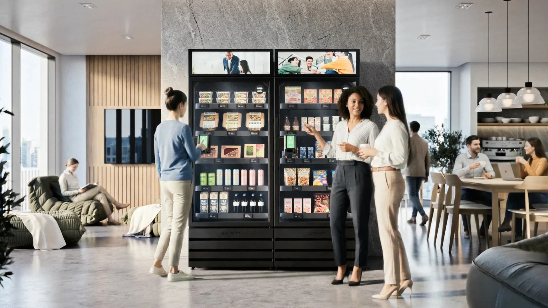 Illustrative office smart-store vending layout with packaged food and drinks; not a BOHOL customer installation.