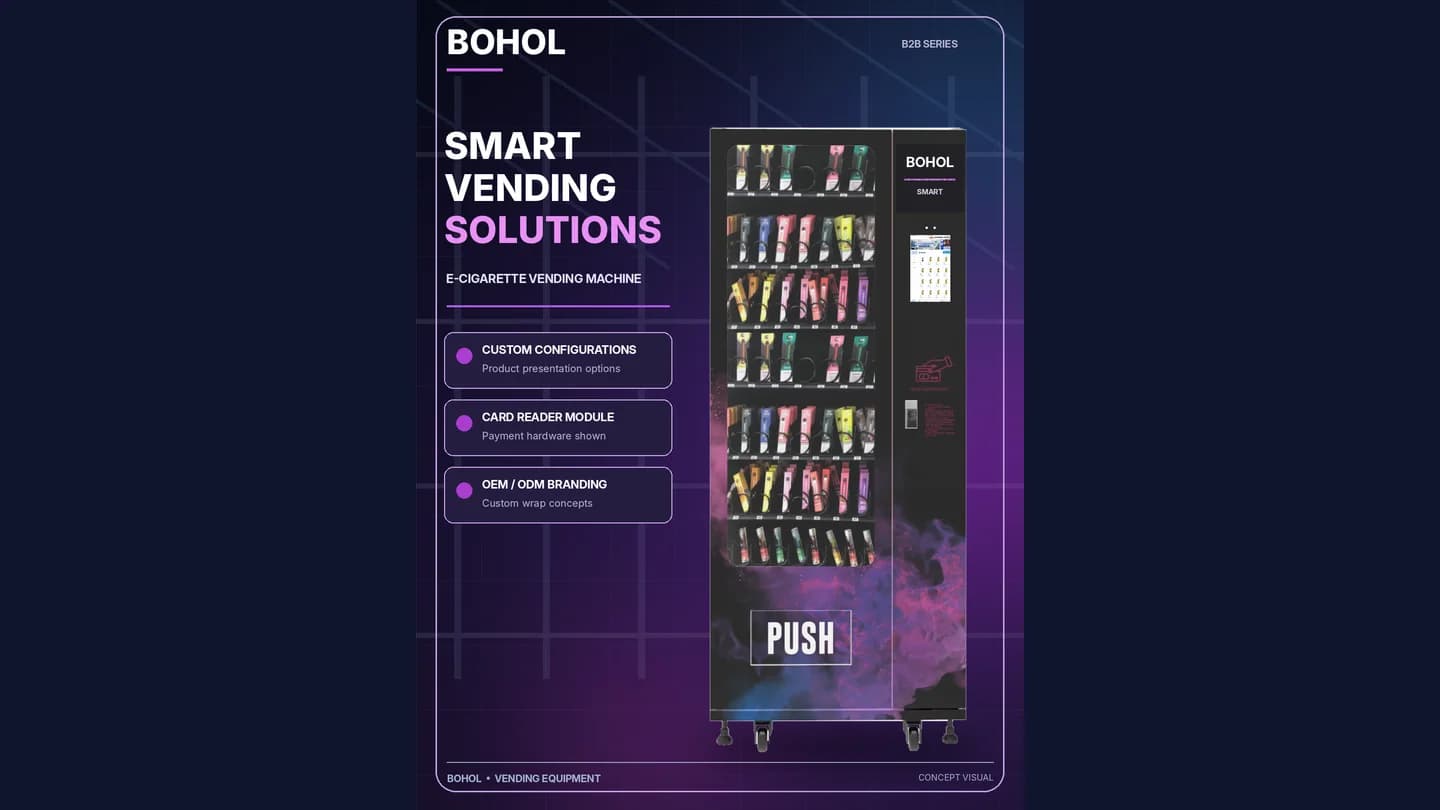 Concept overview of a BOHOL vape vending machine used to explain product-fit and dispensing tests.