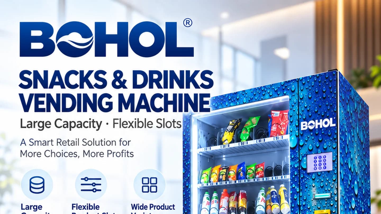 Blue BOHOL snack and drink vending machine capacity and adjustable channel planning concept.