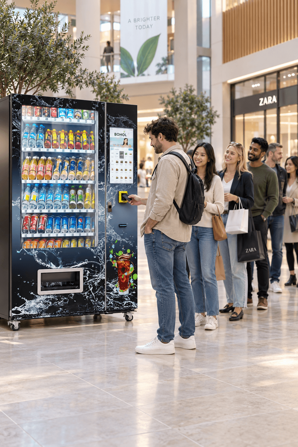International shoppers queue to purchase drinks from a BOHOL vending machine