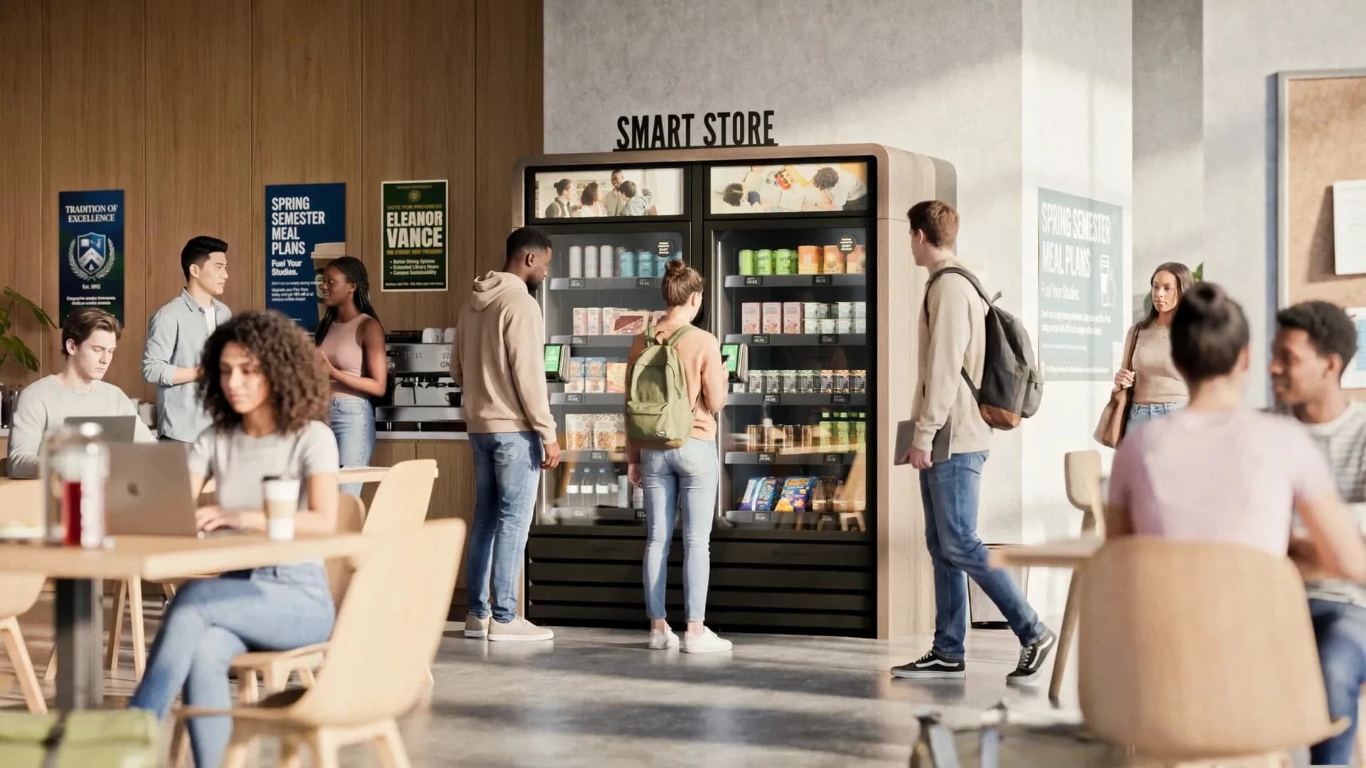 Illustrative school smart-store vending layout with students and packaged products; not a BOHOL customer installation.