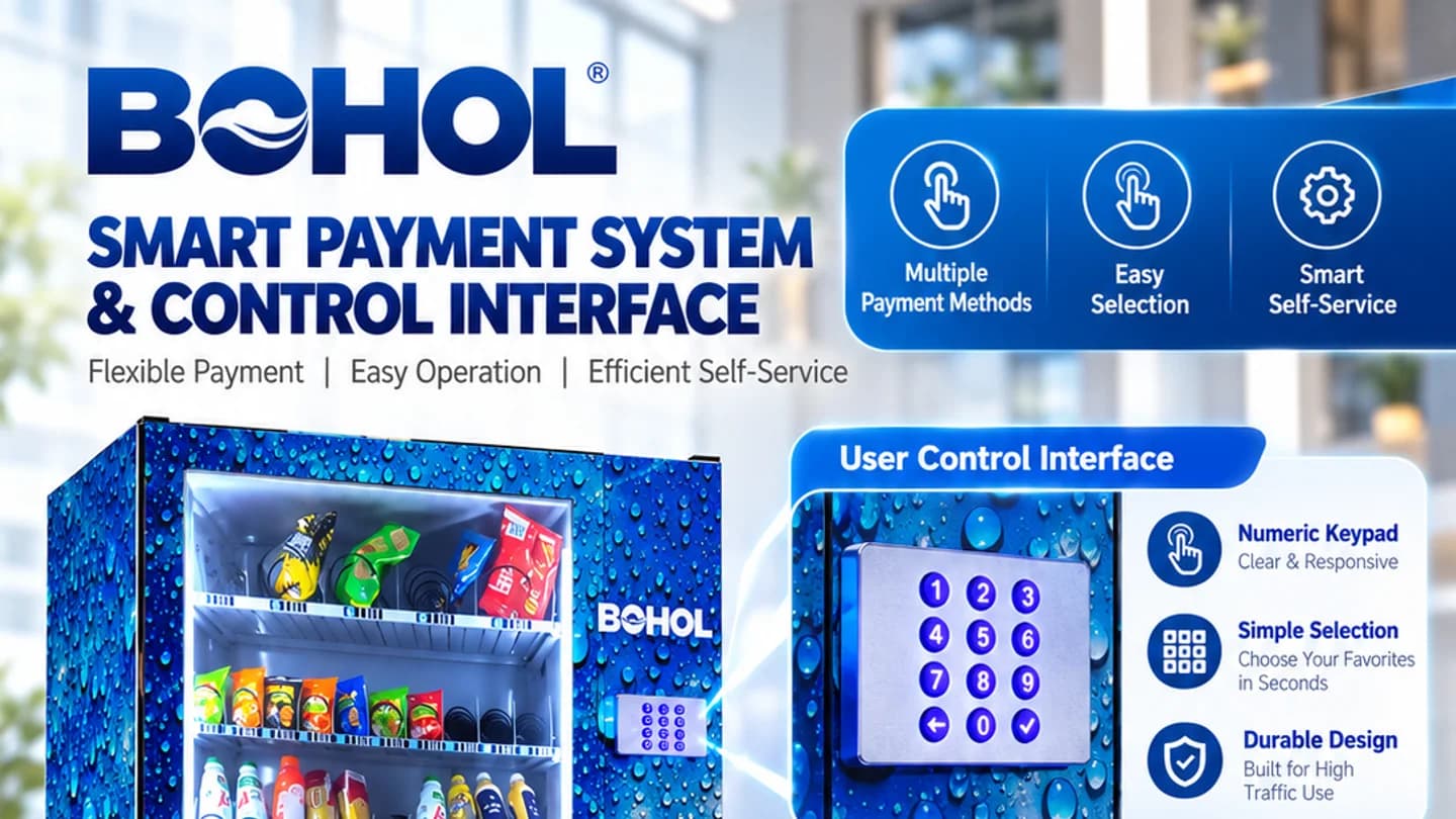 Blue BOHOL vending machine payment terminal and control interface concept for refund planning.