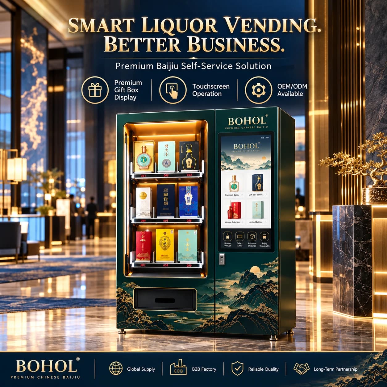 Premium Baijiu Vending Machine: Touchscreen product browsing