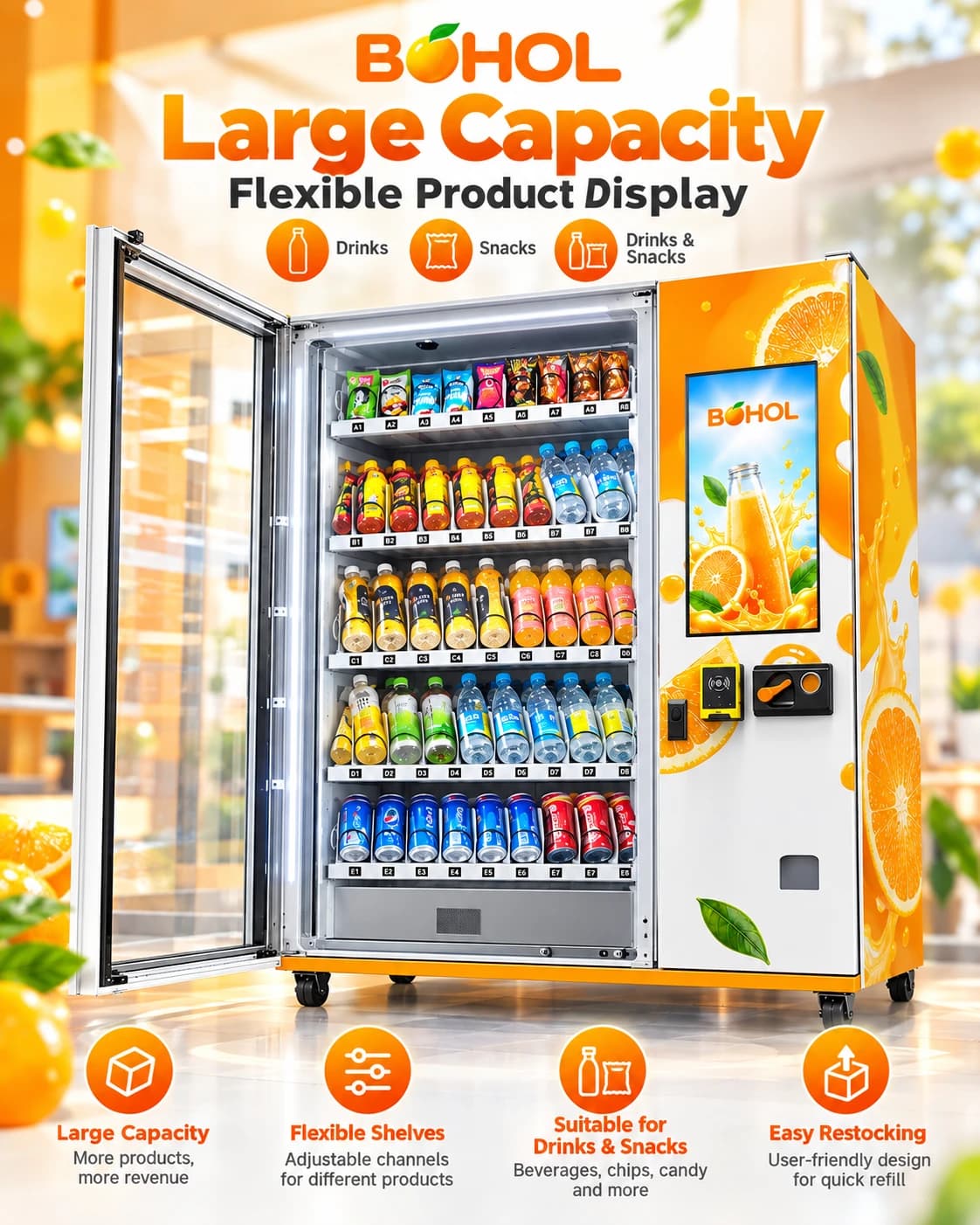 Orange Juice Vending Machine: Flexible bottle and can channels