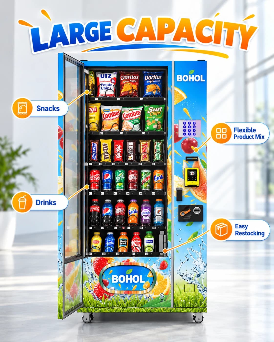 Blue Snack & Drink Vending Machine: Flexible payment scope