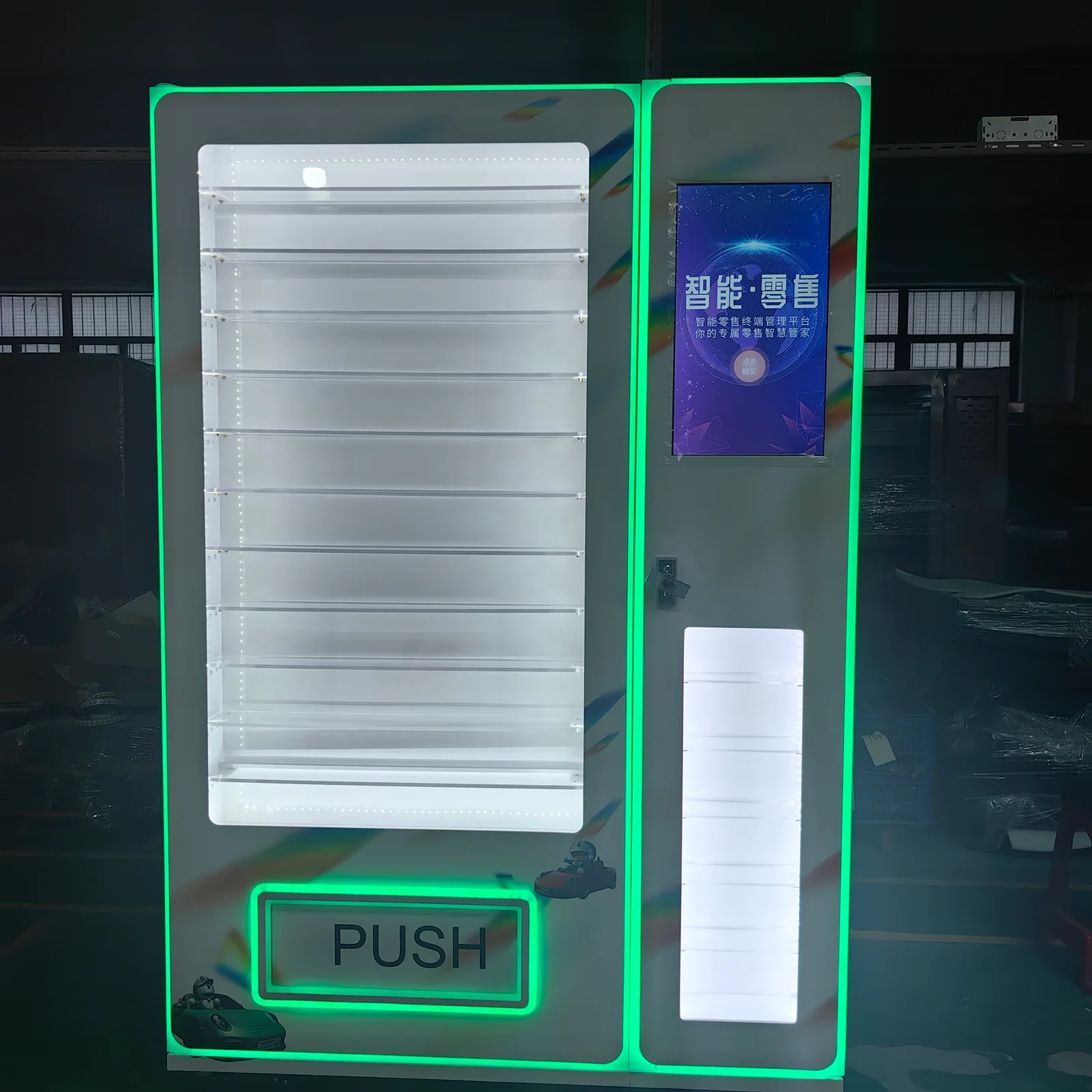 Custom vending cabinet prototype with illuminated display, touchscreen and delivery opening during ODM development