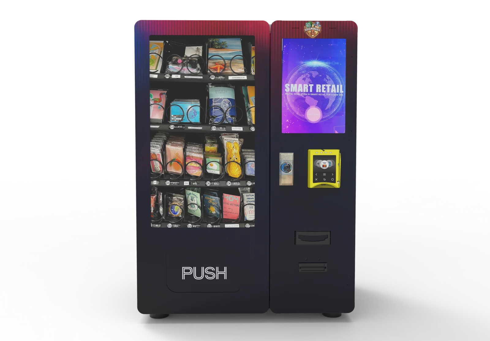Customized retail vending machine illustrating an OEM cabinet, branded exterior, screen and payment hardware
