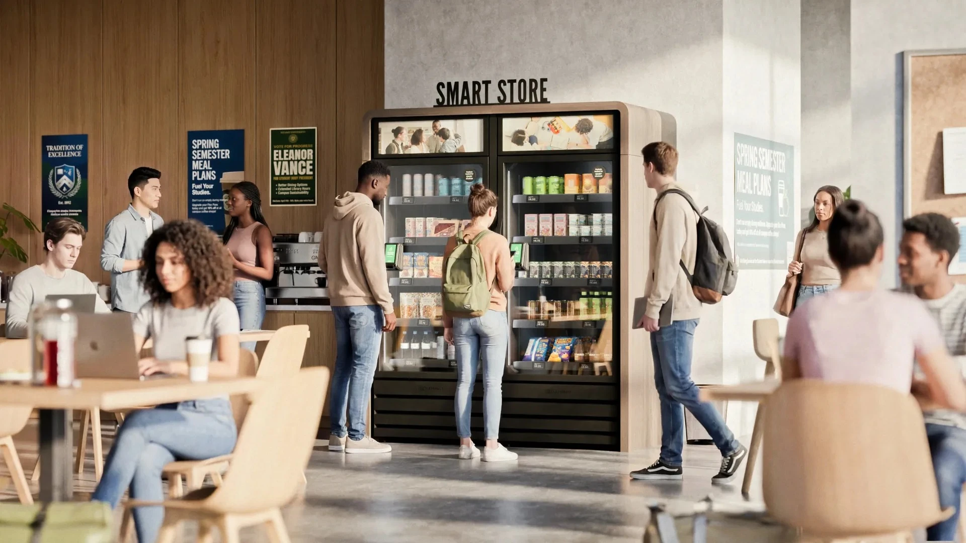 Illustrative school smart-store vending layout with students and packaged products; not a BOHOL customer installation