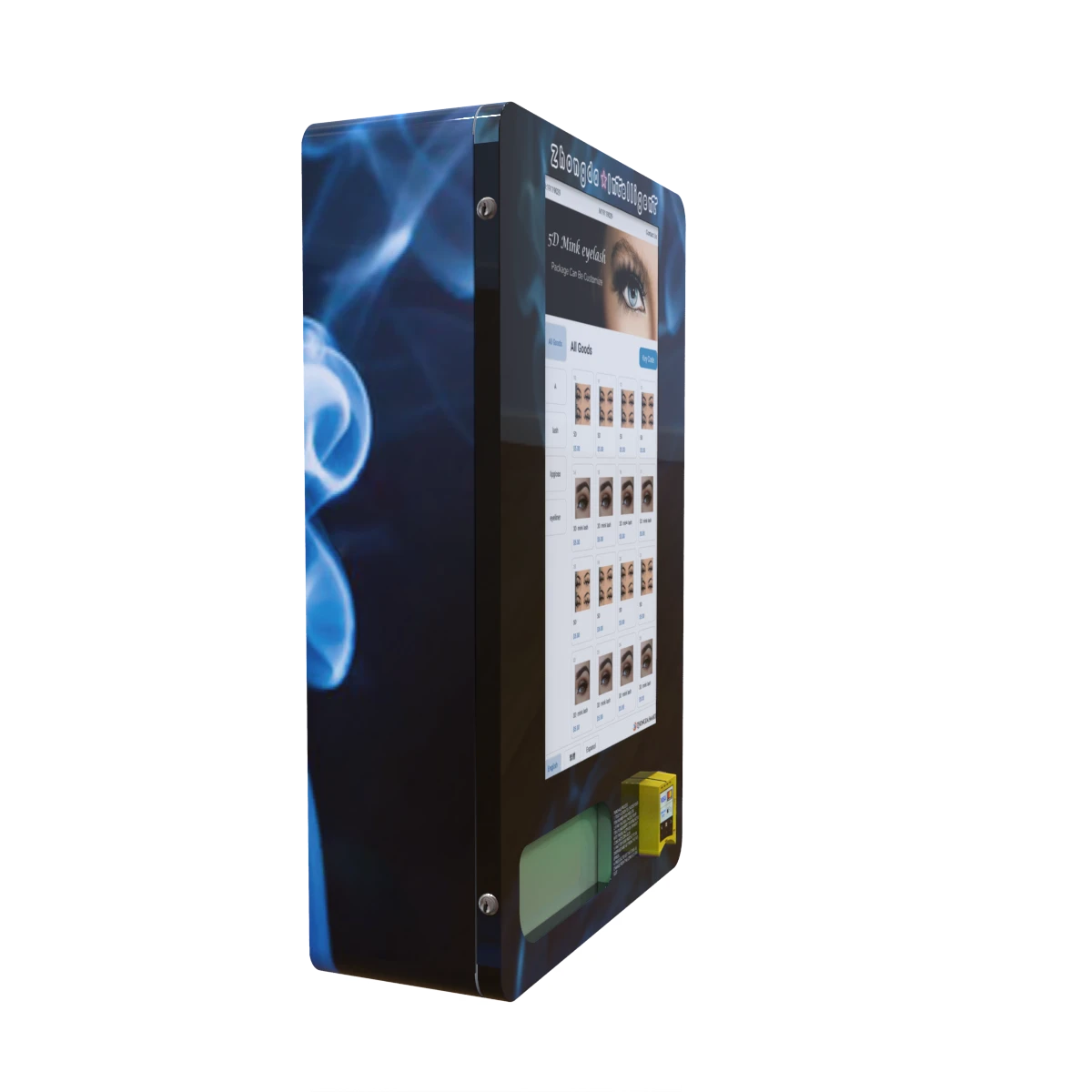 Wall-mounted smart vending machine with touchscreen product interface and integrated payment terminal