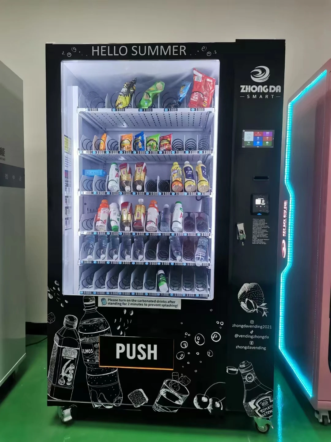Commercial vending machine with beverages and snacks for a USA market sourcing project