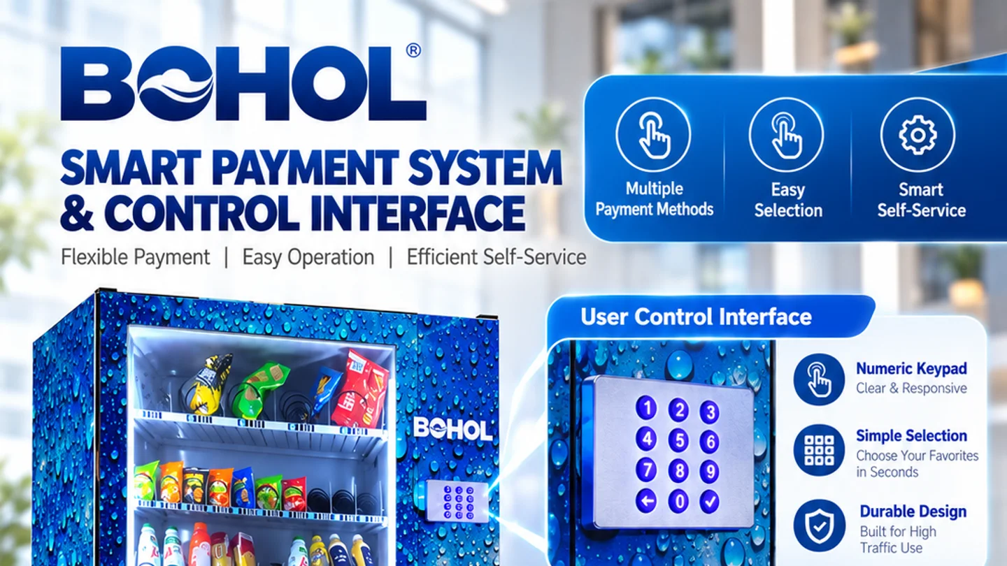 Blue BOHOL vending machine payment terminal and control interface concept for refund planning.