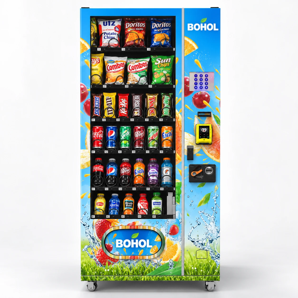 Blue BOHOL snack and drink vending machine with packaged snacks, cans and bottles